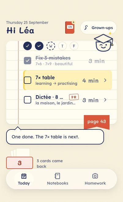 An example Today page with a completed task and the next task highlighted.